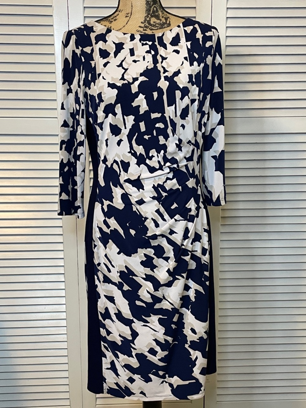 EUC - Ralph Lauren Navy, Tan and White Abstract Midi Dress - Sz 12